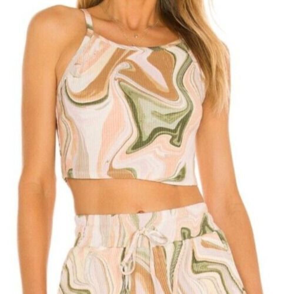 Beach Riot Tank Top Size Large Caylee Marble Print Ribbed Knit High Neck Cropped